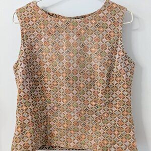 Vintage-Style Geometric Shell Top - Earth Tones - Size Small